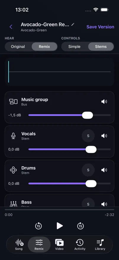 MUVO Remix editor showing audio tracks and mixing controls