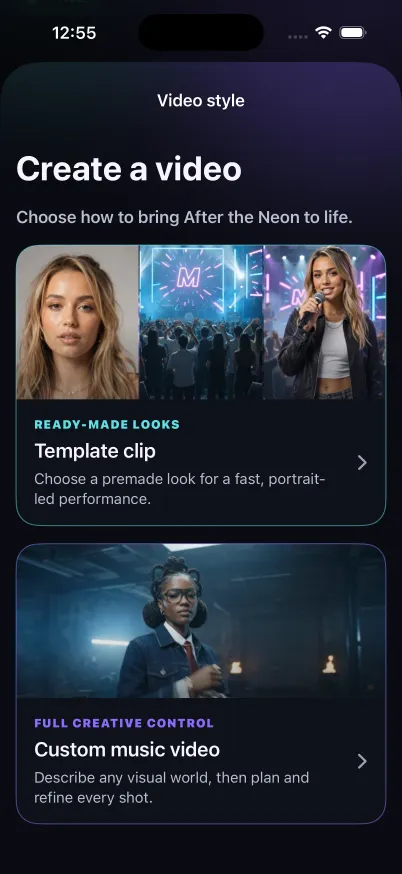MUVO Video style chooser with Template clip and Custom music video options